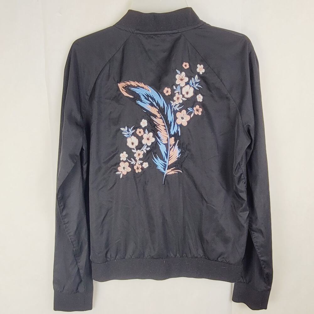 Madden NYC black satin floral embroidered bomber jacket Med Y2K Boho Cottage